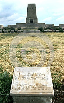 The gravestone of a fallen Australian soldier at Lone Pine Cemetery on the Gallipoli Peninsula in Turkey.