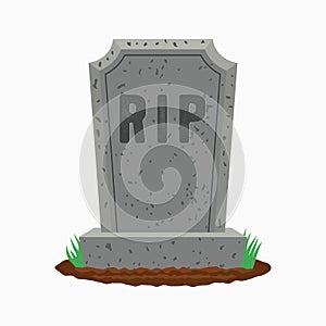 Gravestone with grass on ground. Old tombstone on grave with text RIP. Vector.