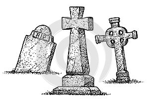 Gravestone illustration, drawing, engraving, ink, line art, vector