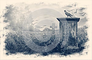 Gravestone in moonlight