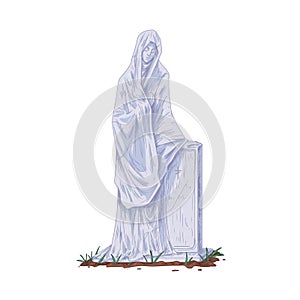 Gravestone with sculpture of woman in grief. Vintage tombstone and gothic stone statue. Christian headstone of tomb