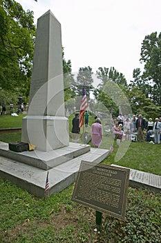 Gravestone of Thomas Jefferson with meeting of Peter Jefferson Society in The Monticello Graveyard, Charlottesville, VA