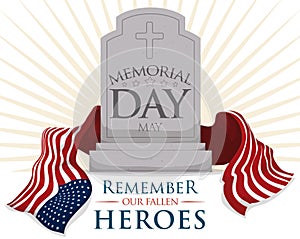 Gravestone with USA Flag for Memorial Day, Vector Illustration