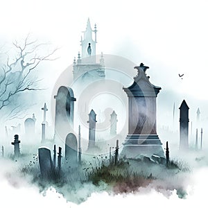 Gravestones and church in foggy graveyard, Halloween background. Generative AI animal ai