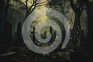 Gravestones in a misty graveyard. Halloween, horror