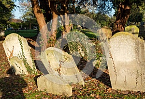 Gravestones in Paines Lane Cemetery, Pinner, with graves dating from Victorian times, located Paines Lane, Pinner, Middlesex, UK.
