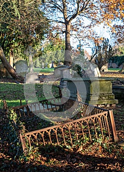 Gravestones in Paines Lane Cemetery, Pinner, with graves dating from Victorian times, located Paines Lane, Pinner, Middlesex, UK.