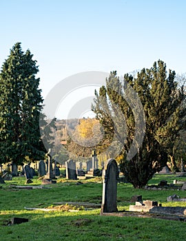 Gravestones in Paines Lane Cemetery, Pinner, with graves dating from Victorian times, located Paines Lane, Pinner, Middlesex, UK.