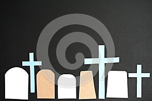 Graveyard or cemetery backdrop template in black background with tombstone and memorial cross design.