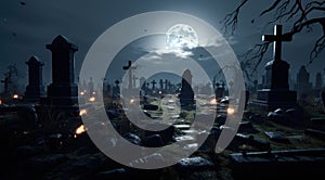 Graveyard cemetery In Spooky dark Night full moon. Holiday event halloween background concept