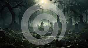 Graveyard cemetery In Spooky dark Night full moon. Holiday event halloween background concept