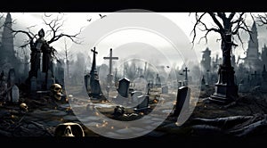 Graveyard cemetery In Spooky dark Night full moon. Holiday event halloween background concept