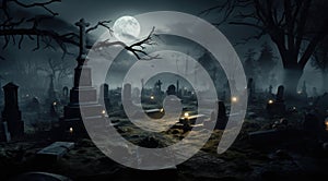 Graveyard cemetery In Spooky dark Night full moon. Holiday event halloween background concept