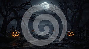 Graveyard cemetery in spooky scary dark Night full moon and dead trees. Holiday event halloween banner background. AI generated.
