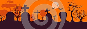 Graveyard and halloween, cemetery with bat, moon, tree and cemetery with lights and ghosts. Halloween landscape scene, small