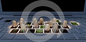 Graveyard on laptop computer, dependence on the digital world concept, 3d render