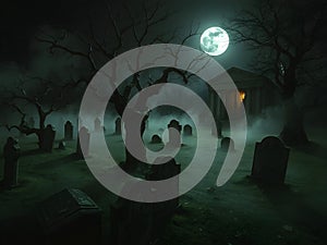 Midnight Haunts: A Fog-Covered Graveyard photo