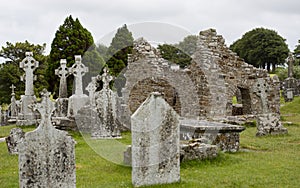 Graveyard in  monastery of Clonmacnoise ruin in Ireland