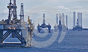 A graveyard of old semi submersible rigs out of Invergordon in the British Isles