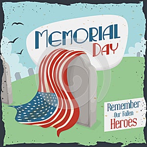 Graveyard with Retro Sign for Memorial Day, Vector Illustration
