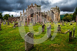 Graveyard and Ruins of Melrose Abbey in Scotland