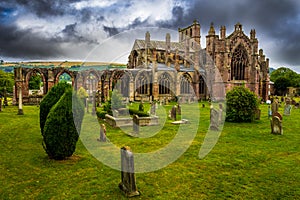Graveyard and Ruins of Melrose Abbey in Scotland