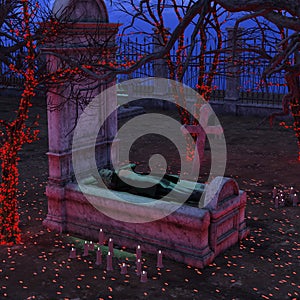 Graveyard scene at nighttime with a vampire laying on a gravestone with candles and rose petals