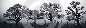A graveyard shrouded in mist, with weathered tombstones standing sentinel amidst gnarled trees towards the moon.