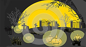 Graveyard with tomb stone in moon light with jack o lantern in halloween night background