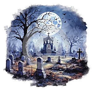 A Graveyard Under a Full Moon with a Church in the Background