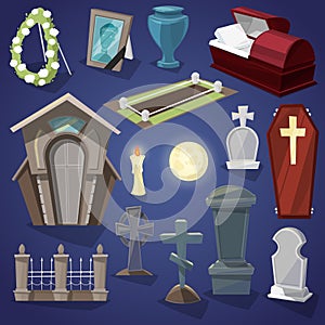 Graveyard vector scary cemetery and halloween horror in night illustration set of spooky grave or tomb and tombstone