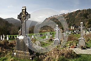 Graveyyard at St. Kevin`s Monastary Ruins in Glendalough Valley, Wicklow Mountains National Park, Wicklow Ireland