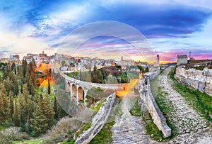 Gravina in Puglia ancient town, bridge and canyon at sunrise