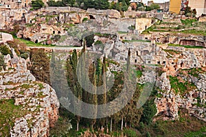 Gravina in Puglia, Bari, Italy: the ancient cave houses in the ravine wall