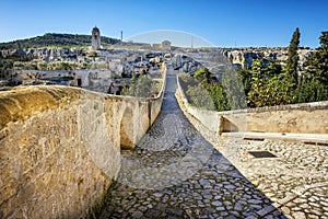 Gravina in Puglia, with the Roman two-level bridge that extends over the canyon. Apulia, Italy