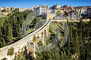 Gravina in Puglia, with the Roman two-level bridge that extends over the canyon. Bari, Apulia, Italy