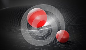 Gravity and general theory of relativity concept. Distorted spacetime caused by massive spheres. 3D rendered illustration