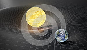 Gravity and general theory of relativity concept. Earth and Sun on distorted spacetime. 3D rendered illustration