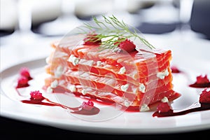 Gravlax on a beautifully decorated plate, Nordic Cuisine