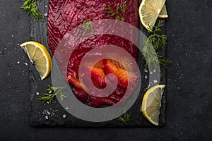 Gravlax,  scandinavian beet cured salmon photo