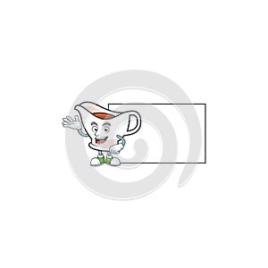 Gravy boat cartoon character with mascot with board.