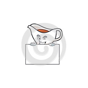 Gravy boat cartoon character with mascot squinting with board.