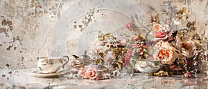 Grawn picture of vintage antique silver tea and coffee set on a white tablecloth with a teacup vase of roses in the