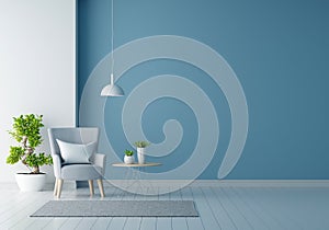 Gray armchair in blue living room with free space, 3D rendering