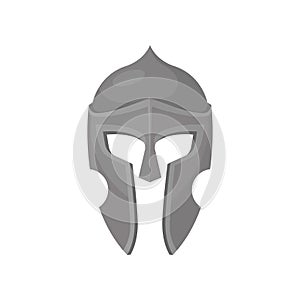 Gray armour helmet. Medieval protective headgear for knight. Solid metal face mask. Flat vector design