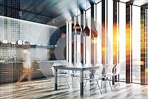 Gray attic kitchen corner with table, woman