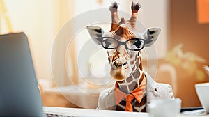 on a gray background, a giraffe in a business suit