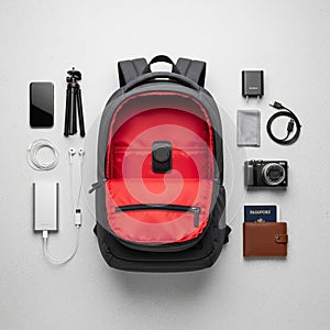 Gray backpack with a red interior is centrally placed with a