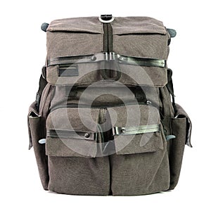 Gray backpack standing isolated on white background