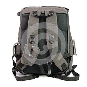 Gray backpack standing isolated on white background